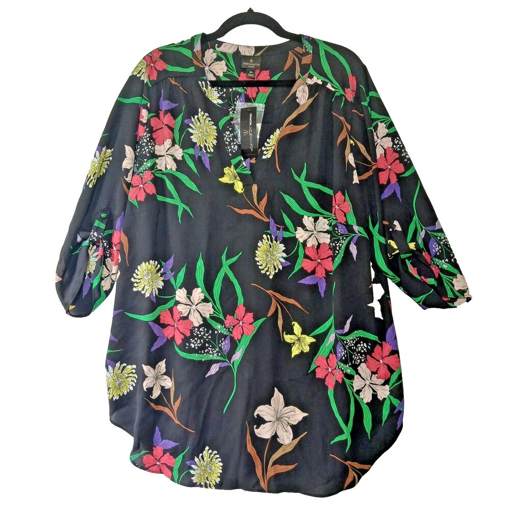NWT Worthington Women 2XL Gorgeous Black Floral 3/4 Sleeve Blouse Workwear #924